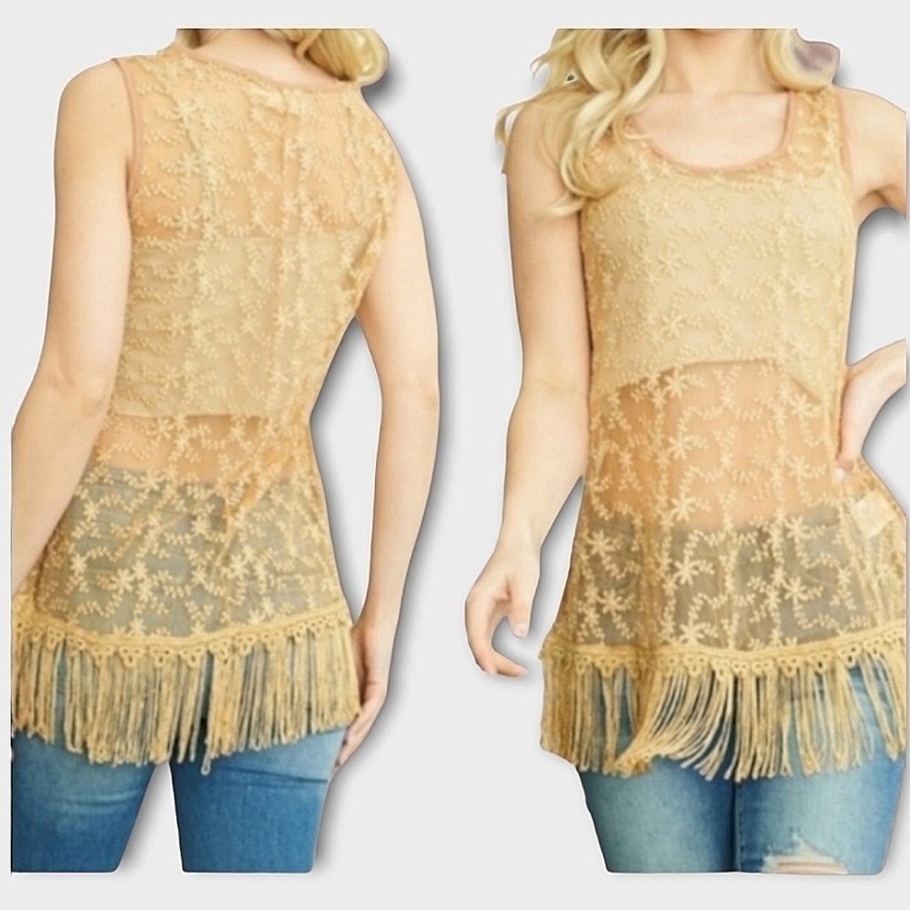 Sheer Embroidered Fringe Tank